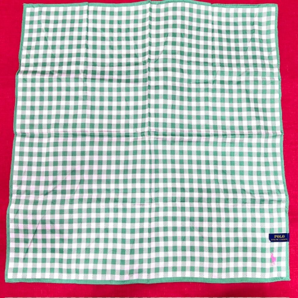 New Polo Ralp Raurent Mini Scarf/Handkerchief  cotton 20"  Green wihte check(89 - Picture 9 of 12
